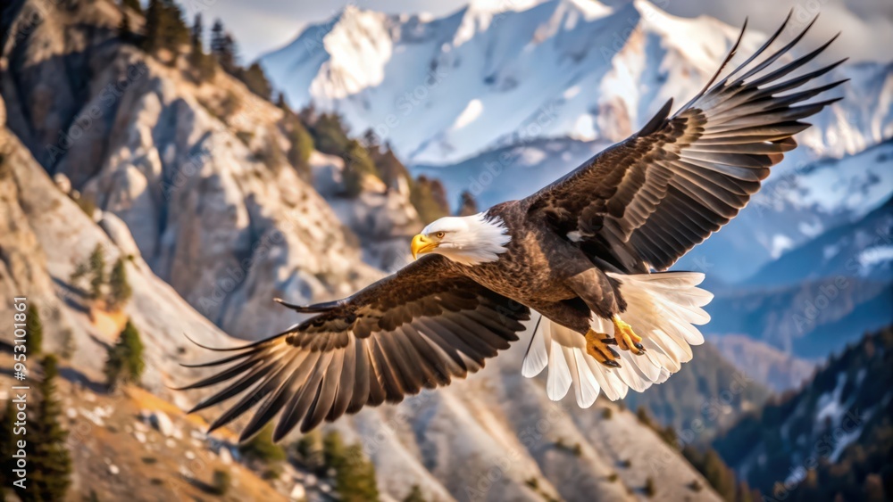 Fototapeta premium Bald Eagle in Flight Over Snow-Covered Mountain Range