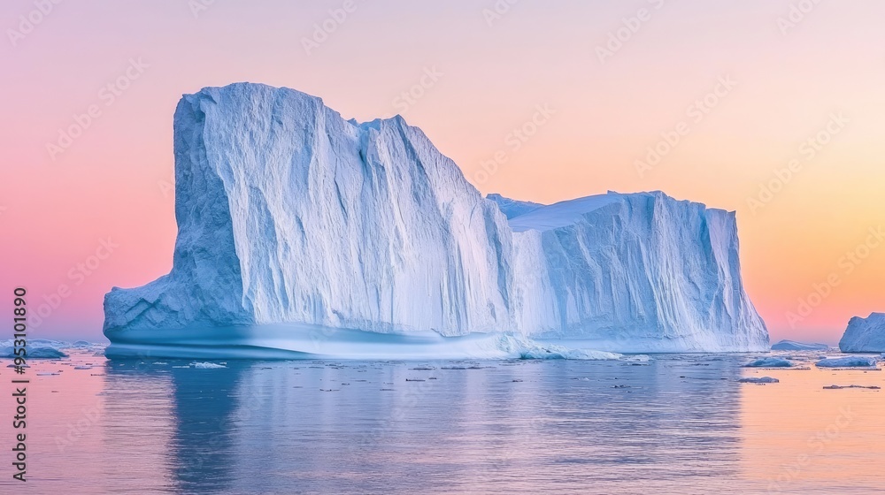 A majestic iceberg reflecting soft colors in a serene ocean setting at dusk. A majestic iceberg reflecting soft colors in a serene ocean setting at dusk.