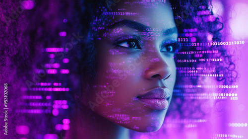 AI cyber security threat illustration, female african american IT specialist analysing futuristic holographic data information. Augmented reality artificial intelligence collage, side profil