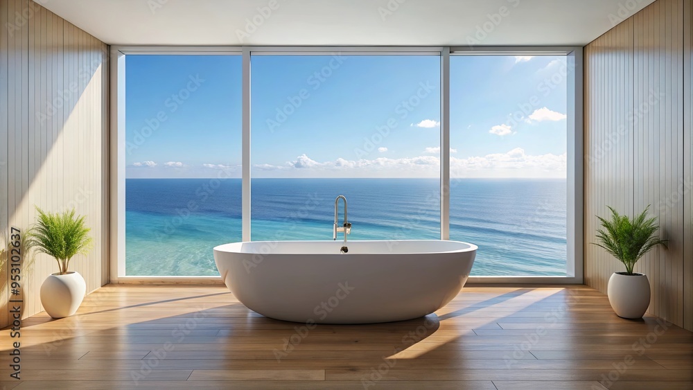 Luxurious bathtub with ocean view and natural light, a modern minimalist design for ultimate relaxation and tranquility Luxurious bathtub with ocean view and natural light, a modern minimalist design for ultimate relaxation and tranquility
