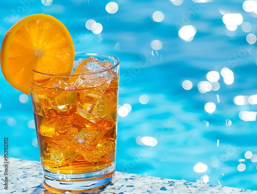 A cold glass of iced tea with a slice of orange against a pool background serves as a refreshing abstract, photo