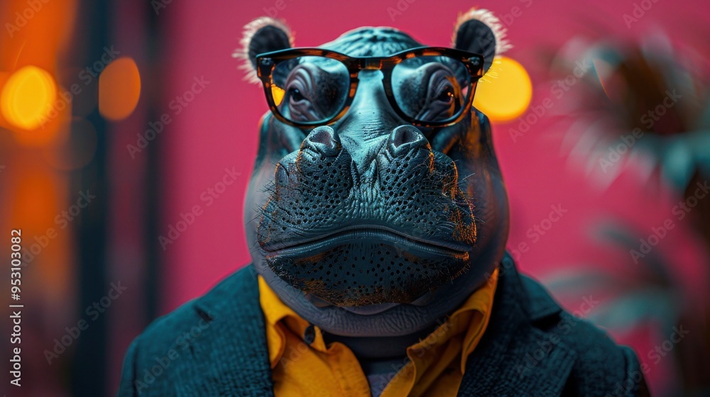 Dapper Hippo in Glasses and Suit on Pink Background - Pop Art Portrait Dapper Hippo in Glasses and Suit on Pink Background - Pop Art Portrait