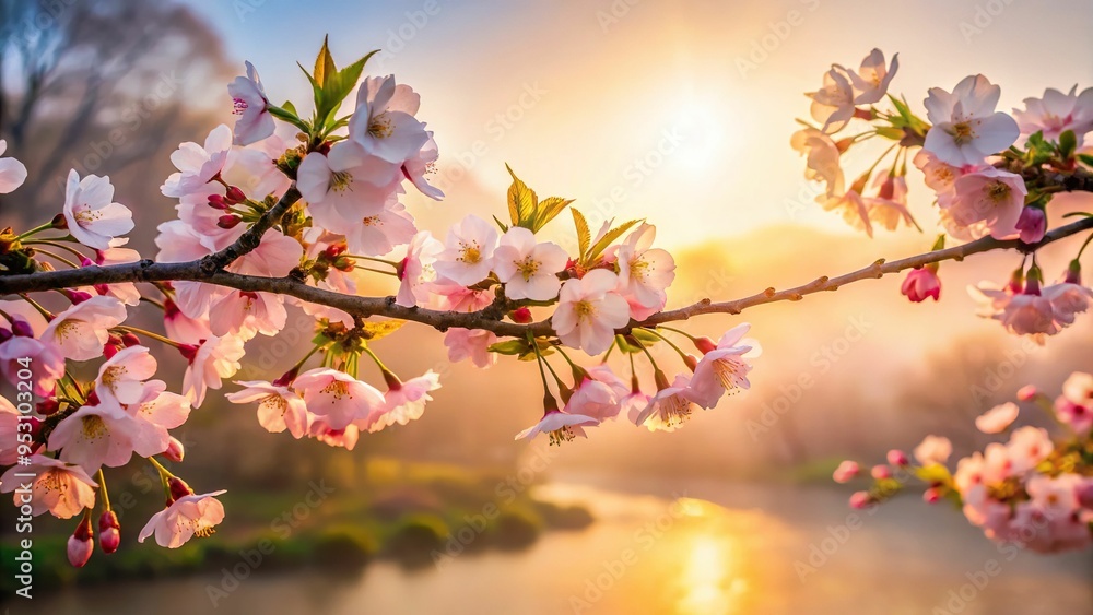 Soft blush pink cherry blossoms against a misty morning sky, shot from a low angle, warm golden light, peaceful ambiance, a realistic photo image. Soft blush pink cherry blossoms against a misty morning sky, shot from a low angle, warm golden light, peaceful ambiance, a realistic photo image.