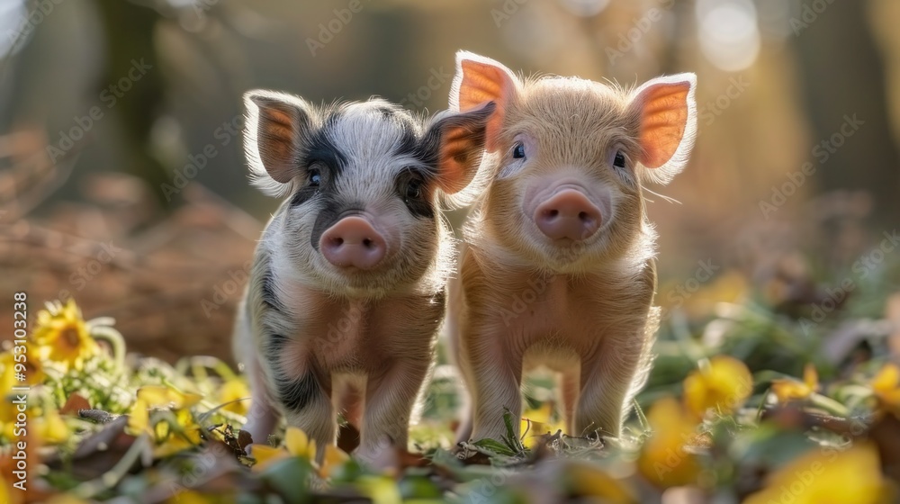 Piglet Playtime: Adorable Brown, Black, and White Pigs Having Fun Piglet Playtime: Adorable Brown, Black, and White Pigs Having Fun