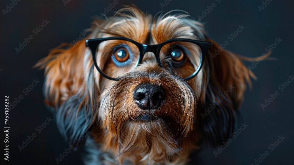 Naklejka premium Surprised Briard Dog in Glasses: A Cute Technological Creation with Shocked Eyes