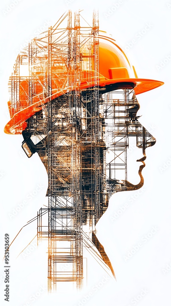 Double exposure of a construction worker in profile with scaffolding structure, representing engineering and building concepts. Double exposure of a construction worker in profile with scaffolding structure, representing engineering and building concepts.