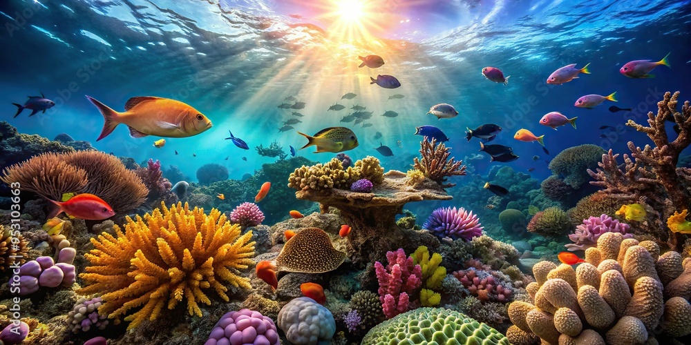 7. A serene coral reef scene with delicate tendrils and colorful sea creatures, photographed at a dramatic 25-degree angle of view, capturing a peaceful mood 7. A serene coral reef scene with delicate tendrils and colorful sea creatures, photographed at a dramatic 25-degree angle of view, capturing a peaceful mood