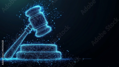 Digital rendering of a glowing blue gavel and sound block, symbolizing law, justice, and legal decisions in a futuristic style.
