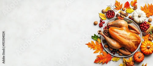 Top view of roasted turkey with autumn leaves and seasonal decoration on a light background, perfect for Thanksgiving and holiday themes.