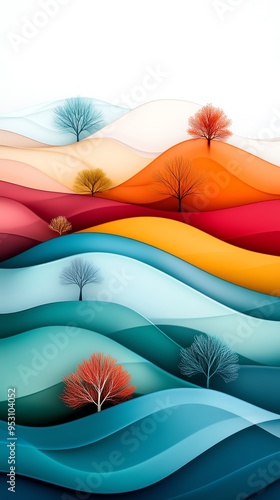 Vibrant abstract landscape with colorful rolling hills and trees, creating a serene and artistic backdrop, perfect for creative projects.