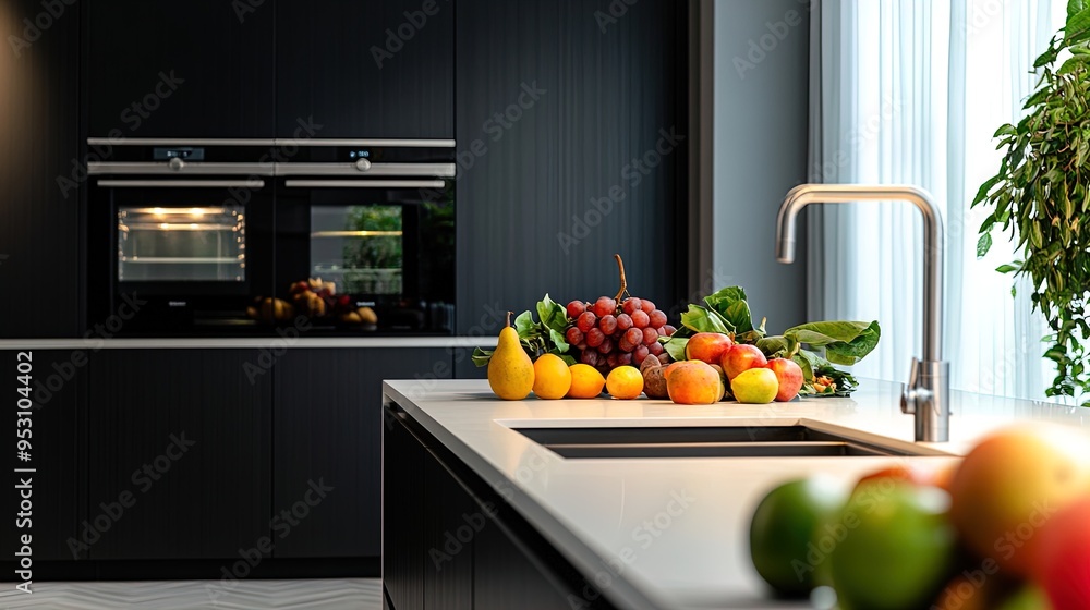 Elevate Your Space with a Modern Kitchen Poster: Dark Cabinets, Stainless Steel Appliances, and Artistic Fruit Arrangement Bathed in Natural Light Elevate Your Space with a Modern Kitchen Poster: Dark Cabinets, Stainless Steel Appliances, and Artistic Fruit Arrangement Bathed in Natural Light