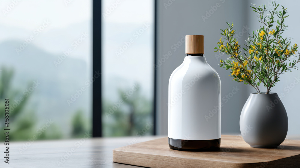 A white ceramic bottle and a small vase with yellow flowers on a wooden tray, placed on a table by a window. A white ceramic bottle and a small vase with yellow flowers on a wooden tray, placed on a table by a window.