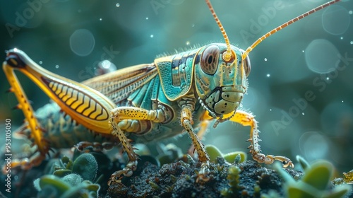 Exhausted Man Rests as a Beautiful Grasshopper Perches on Branch photo