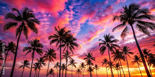 Silhouetted palm trees against a vibrant Candy Pink sky at dusk, clouds streaked across the sky, dramatic perspective, energetic and uplifting, a realistic photo image.