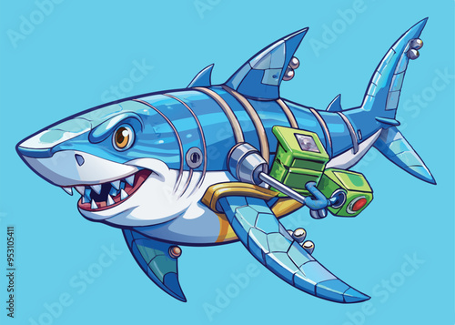 Picture a great white shark with an exoskeleton made of lightweight carbon fiber, enhancing its speed and agility. Its dorsal fin houses an array of sensors 