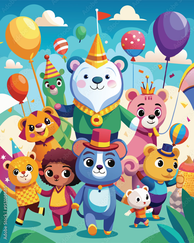 Vector Illustration of a Cute Animal Parade with Balloons Vector Illustration of a Cute Animal Parade with Balloons