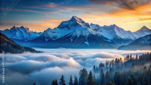 Majestic, snow-capped mountain range at dawn, misty fog rises from the valley, soft blue-white hues, eerily quiet, from a distant vantage point, a realistic photo image. photo