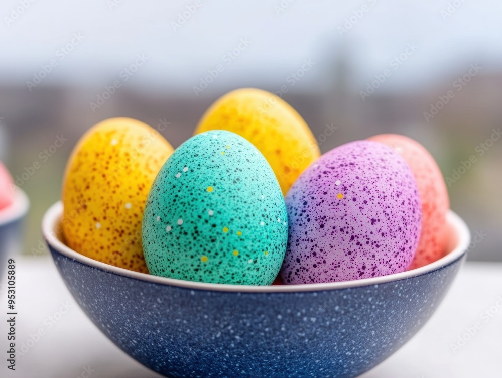 Obraz premium A vibrant collection of speckled Easter eggs in blue, yellow, green, and purple, beautifully arranged in a blue bowl with a soft-focus background.