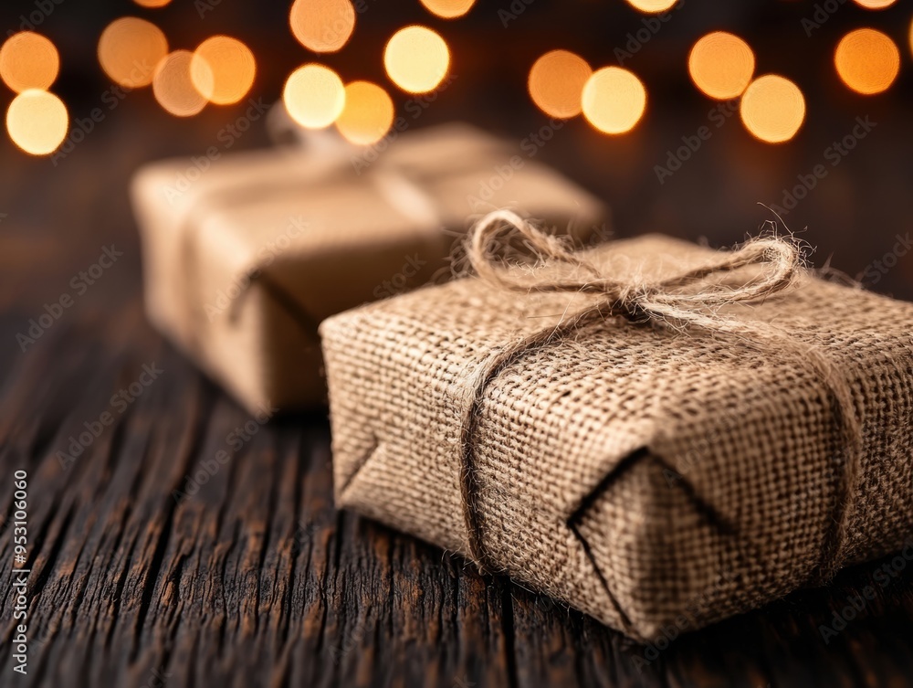 Rustic burlap-wrapped gifts tied with twine on a wooden surface, with warm bokeh lights in the background creating a cozy and festive holiday scene. Rustic burlap-wrapped gifts tied with twine on a wooden surface, with warm bokeh lights in the background creating a cozy and festive holiday scene.