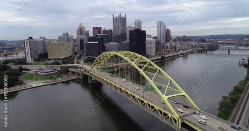 Fort Pitt Bridge in Pittsburgh, Pennsylvania. Traffic in Background photo