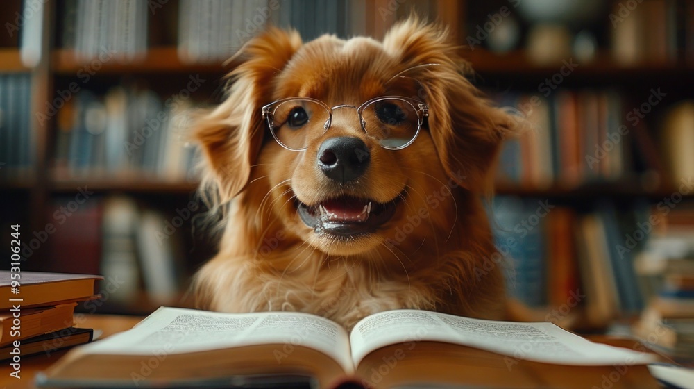 Smiling Puppy with Glasses Reading Book in Classroom Desk Smiling Puppy with Glasses Reading Book in Classroom Desk