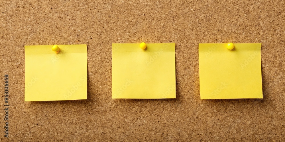Yellow sticky notes on brown corkboard for organizing ideas, reminders, and brainstorming Yellow sticky notes on brown corkboard for organizing ideas, reminders, and brainstorming