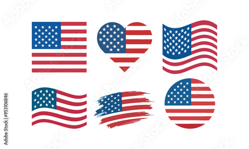 Flag USA set icon. America holidays. Rectangular, waving and circle US flag. United States national symbol. 4 july banner in flat style. Veteran day and Memorial day vector illustration.