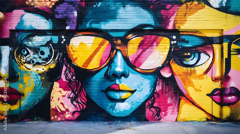 Naklejka premium Mural ze sztuką uliczną w miejskim otoczeniu, z graffiti w żywych kolorach i różnymi postaciami, wyrazistymi liniami i odważnym stylem ze szczegółowymi elementami 3D