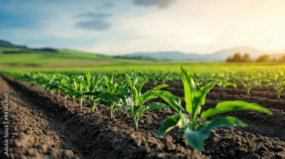 A row of young corn plants growing in a cultivated field, captured during sunrise with lush green landscape in the background. A row of young corn plants growing in a cultivated field, captured during sunrise with lush green landscape in the background.