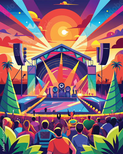 Vector Illustration of a Music Festival with a Stage and Crowd