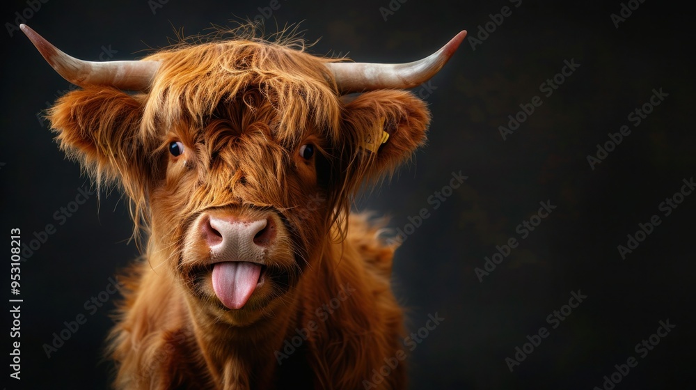 Cheeky Highland Cow with Tongue Out on Black Background - Funny Animal Background Cheeky Highland Cow with Tongue Out on Black Background - Funny Animal Background