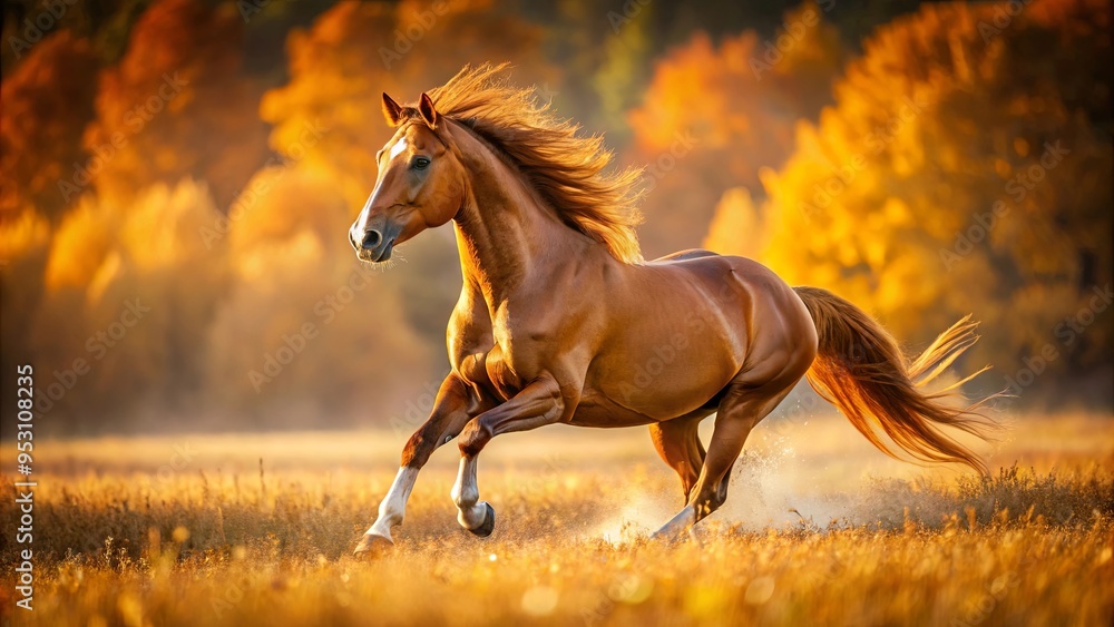 Beautiful chestnut Bavarian horse running through golden autumn field, showcasing power and grace