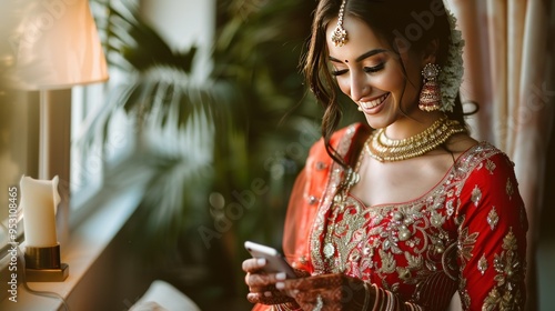 Happy  Indian bride looking at mobile phone wearing traditional red wedding dress saree lehenga