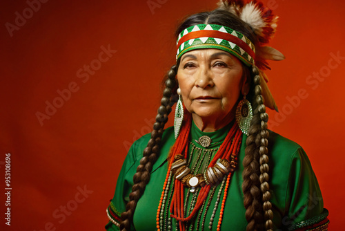 A senior Native American woman with long braids and a green traditional outfit, accessorized with beads and a headband, against a deep red background