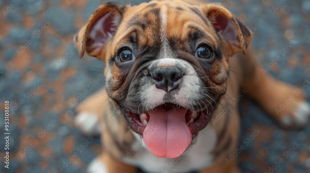 Spotted Tongue-Out English Bulldog Puppy Standing on Asphalt Spotted Tongue-Out English Bulldog Puppy Standing on Asphalt