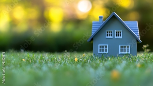 A small gray model house sits on green grass, surrounded by a blurred natural background.