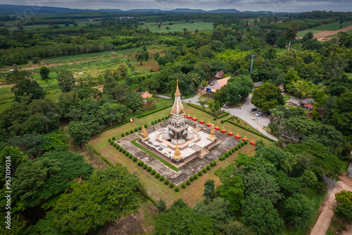 Aerial view of the beautiful pagoda at Wat Phra That Ket Kaeo Chulamni, Chaiyaphum, Thailand photo