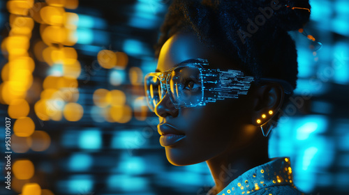 AI cyber security threat illustration, female african american IT specialist analysing futuristic holographic data information. Augmented reality artificial intelligence collage, side profil