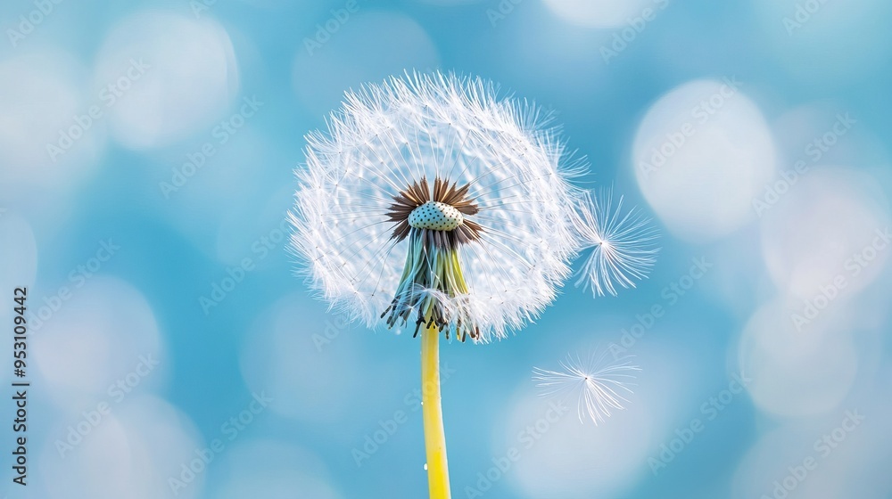 Fototapeta premium Dandelion seed head against blue sky with single seed detaching showcasing nature macro photography and change concept