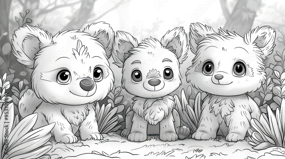 Obraz premium Forest Hide and Seek: Cute Cartoon Animals Playing in Vector Illustration for Coloring Book or Page