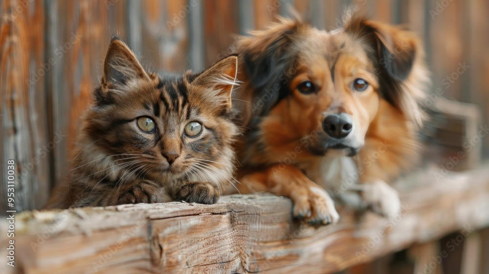 Funny Kitten Hangs on Fence with Big Dog in the Background Funny Kitten Hangs on Fence with Big Dog in the Background
