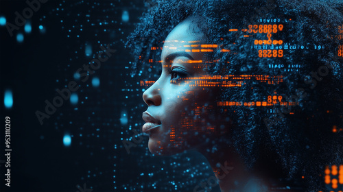 AI cyber security threat illustration, female african american IT specialist analysing futuristic holographic data information. Augmented reality artificial intelligence collage, side profil