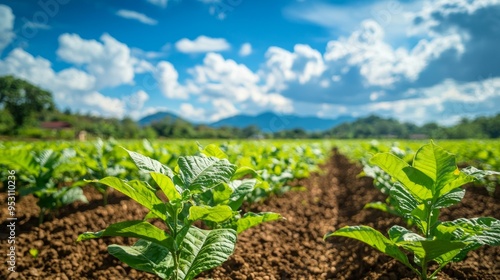 View of young green tobacco plant in field at northern of Thailand