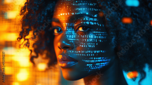 AI cyber security threat illustration, female african american IT specialist analysing futuristic holographic data information. Augmented reality artificial intelligence collage, side profil