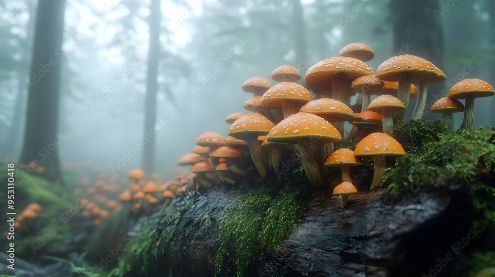 Cluster of Colorful Mushrooms Emerging from a Rotting Log in a Foggy Woodland Landscape Cluster of Colorful Mushrooms Emerging from a Rotting Log in a Foggy Woodland Landscape