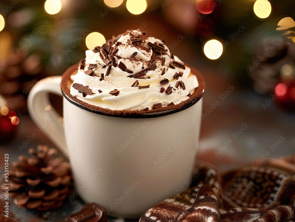 Mug of hot chocolate topped with whipped cream and chocolate sprinkles next to pine cones and festive lights showcasing winter comfort drink and holiday beverage concept Mug of hot chocolate topped with whipped cream and chocolate sprinkles next to pine cones and festive lights showcasing winter comfort drink and holiday beverage concept