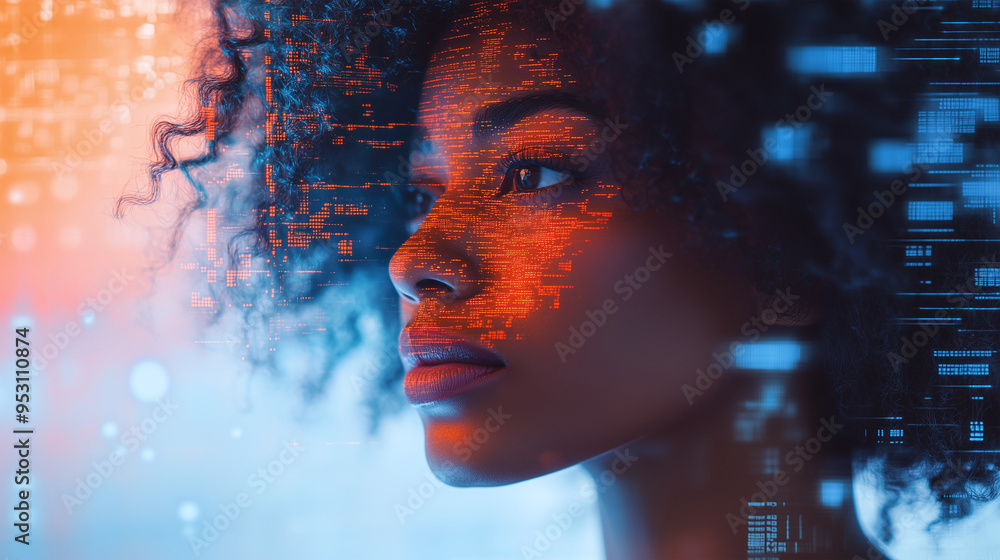 A close up of the face outline of an African American female AI profile, a digital interface covered with binary code and technical image, the subject of AI cybersecurity threat A close up of the face outline of an African American female AI profile, a digital interface covered with binary code and technical image, the subject of AI cybersecurity threat