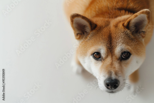 Shiba Inu gazing anxiously upward against a white background