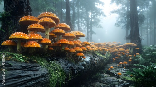 Diverse Fungi Growing on a Fallen Tree in a Misty Lush Forest photo