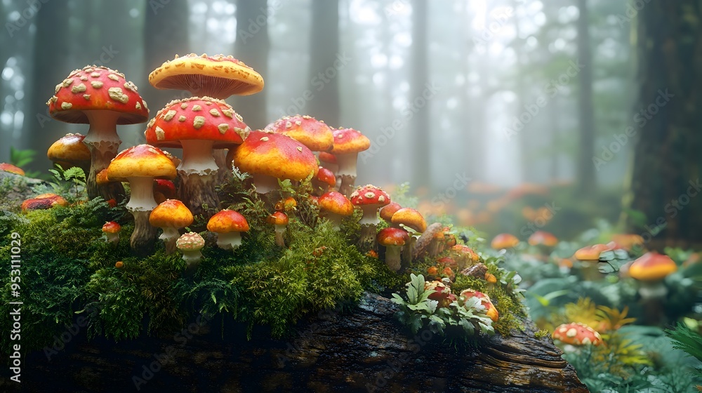 Diverse Mushroom Colony Thriving on Mossy Forest Log in Misty Woodland Landscape Diverse Mushroom Colony Thriving on Mossy Forest Log in Misty Woodland Landscape